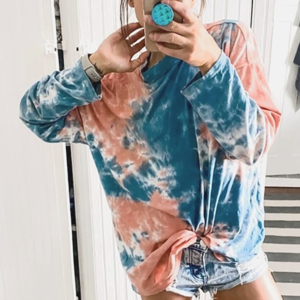 Free People Tie-Dye Long Sleeve Top in Blue and Peach